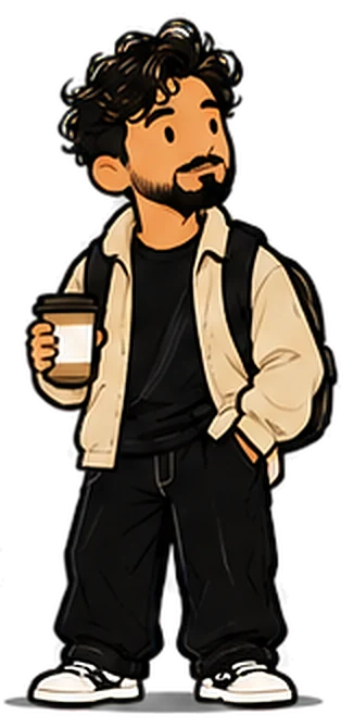 Esteban con chaqueta beige y un café en la mano