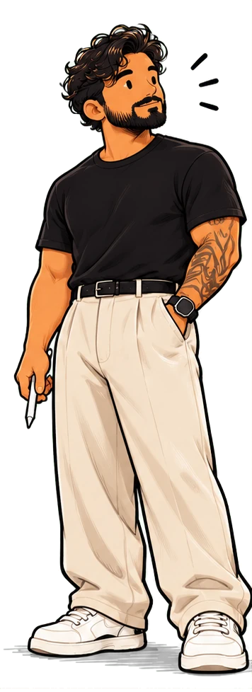 Ilustración de Esteban: camiseta negra, pantalón beige y un lápiz en la mano, mirando hacia arriba