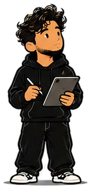 Esteban con hoodie negro escribiendo en una tableta
